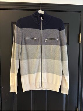 INC International Concepts Men's Full-Zip Striped Sweater - Navy, Gray & Cream